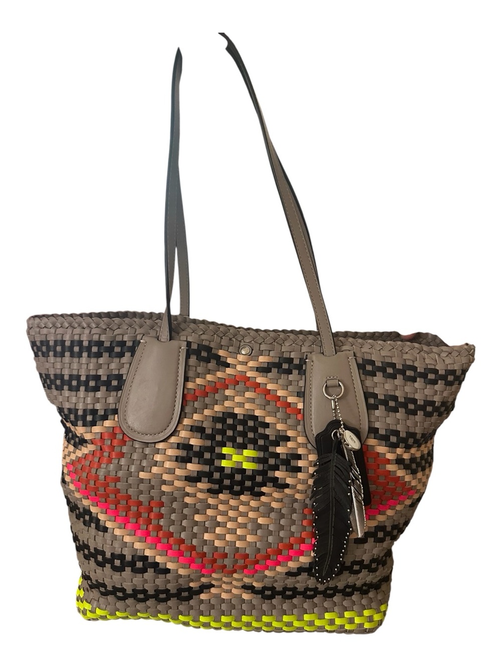 Coach Woven Leather Tote - Brown with Neon Yellow & Red Accents - Picture 11 of 16